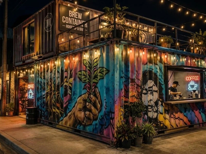 Suasana cafe container minimalis di malam hari dengan lampu Edison