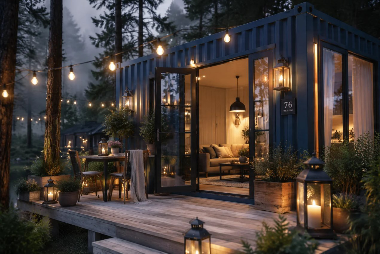 Villa glamping container mewah di tepi hutan pinus untuk bisnis resort wisata alam