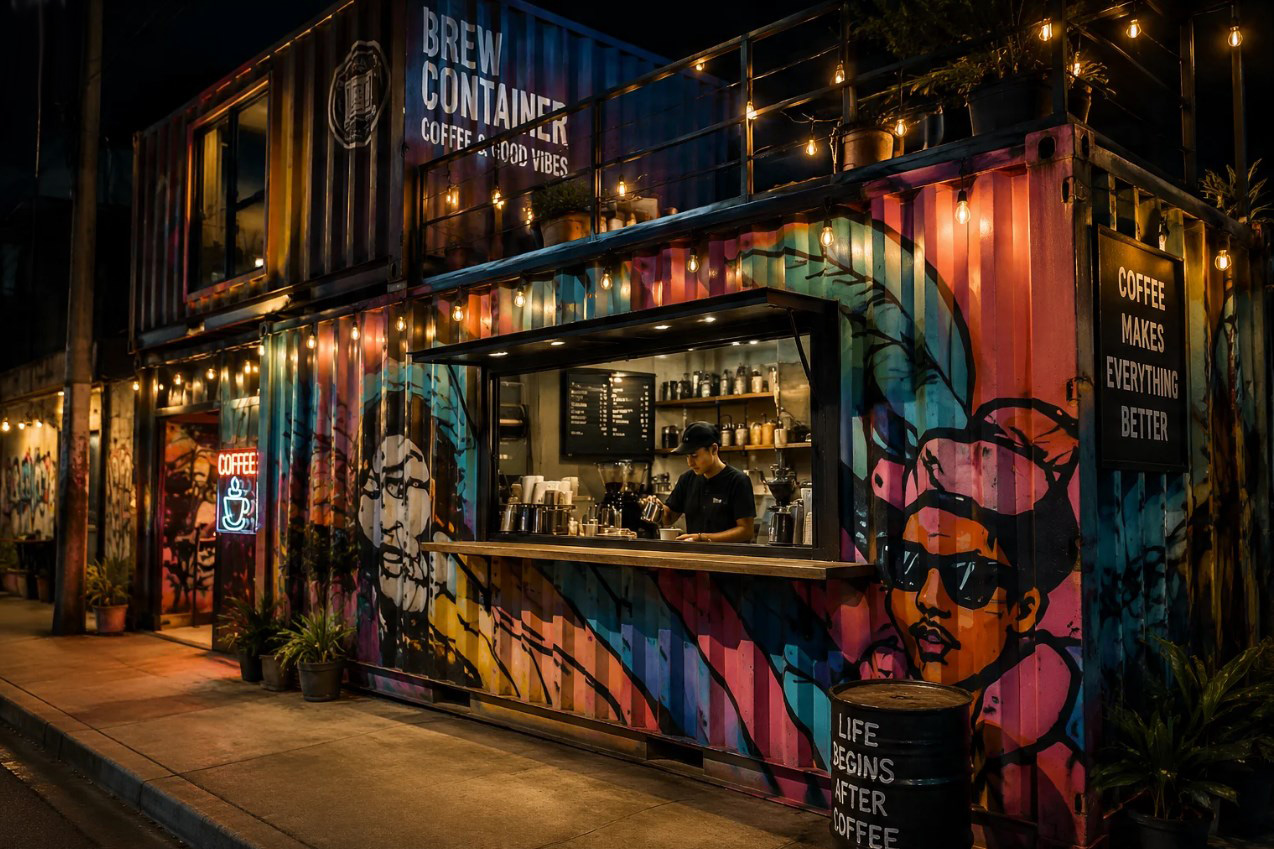 Cafe container dengan mural warna-warni dan lampu Edison untuk coffee shop estetik dan instagramable