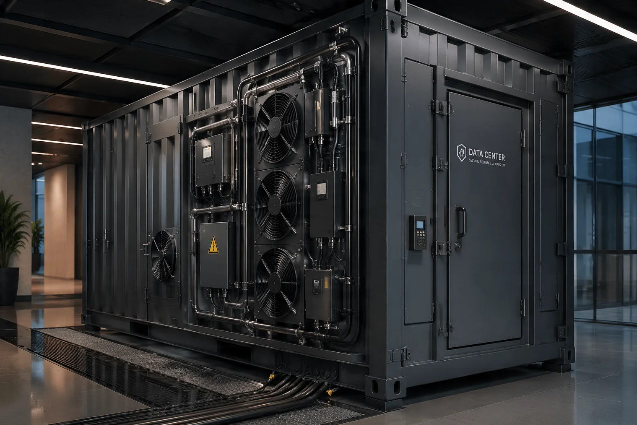 Server room data center container dengan rak server dan AC presisi untuk peralatan IT