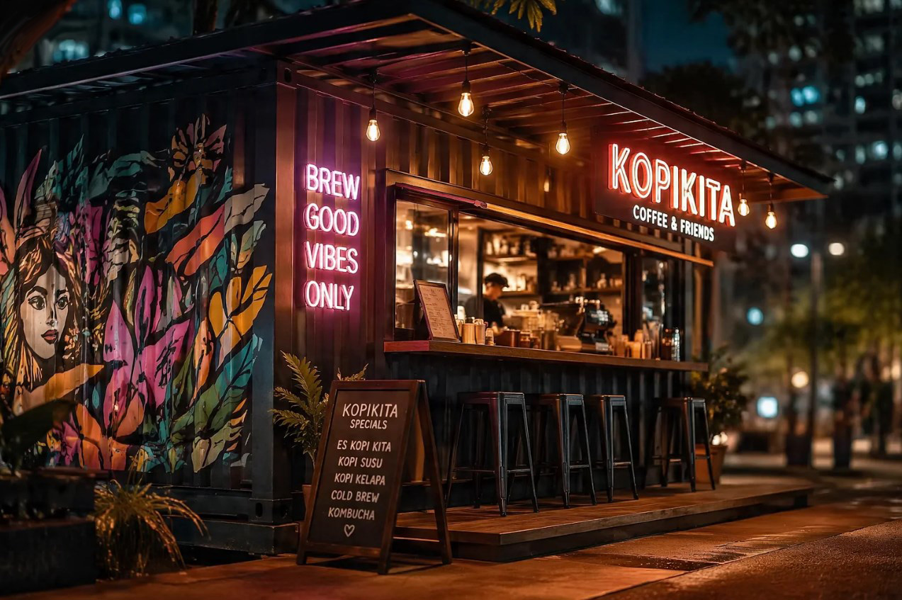 Kontainer modifikasi cafe dengan mural warna-warni dan jendela bar untuk pop-up coffee shop estetik