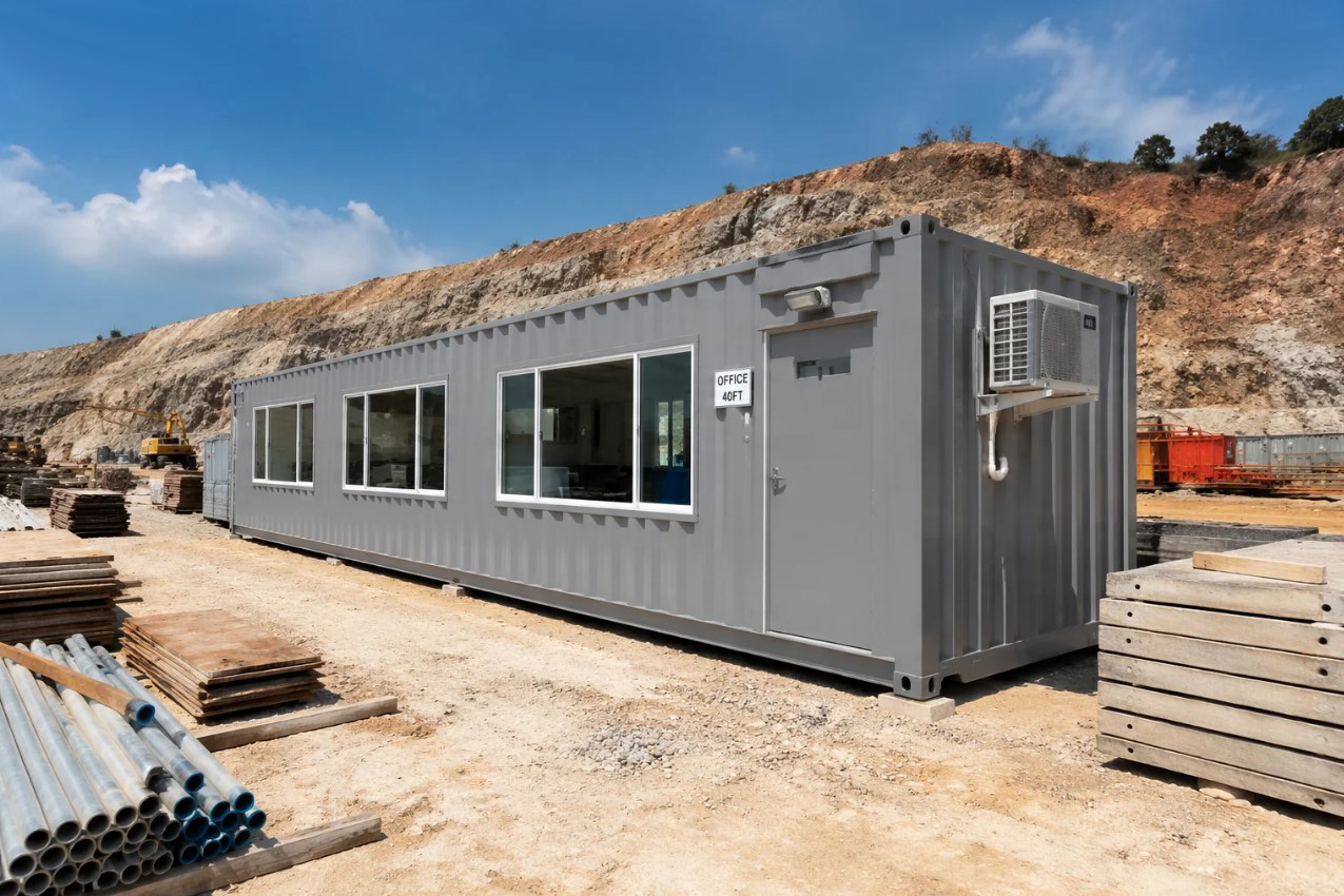Site office direksi kit container di lokasi pembangunan infrastruktur besar dengan crane berdiri