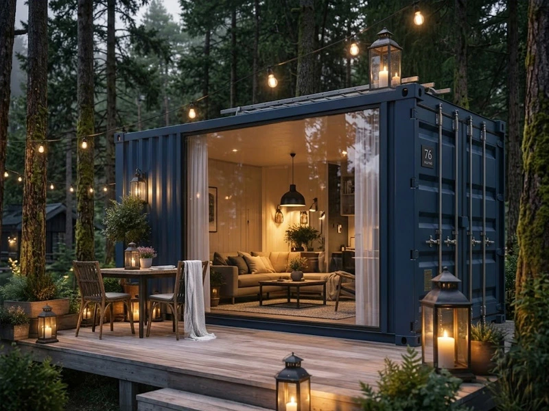 Villa glamping container dengan dek kayu di tepi hutan pinus yang asri